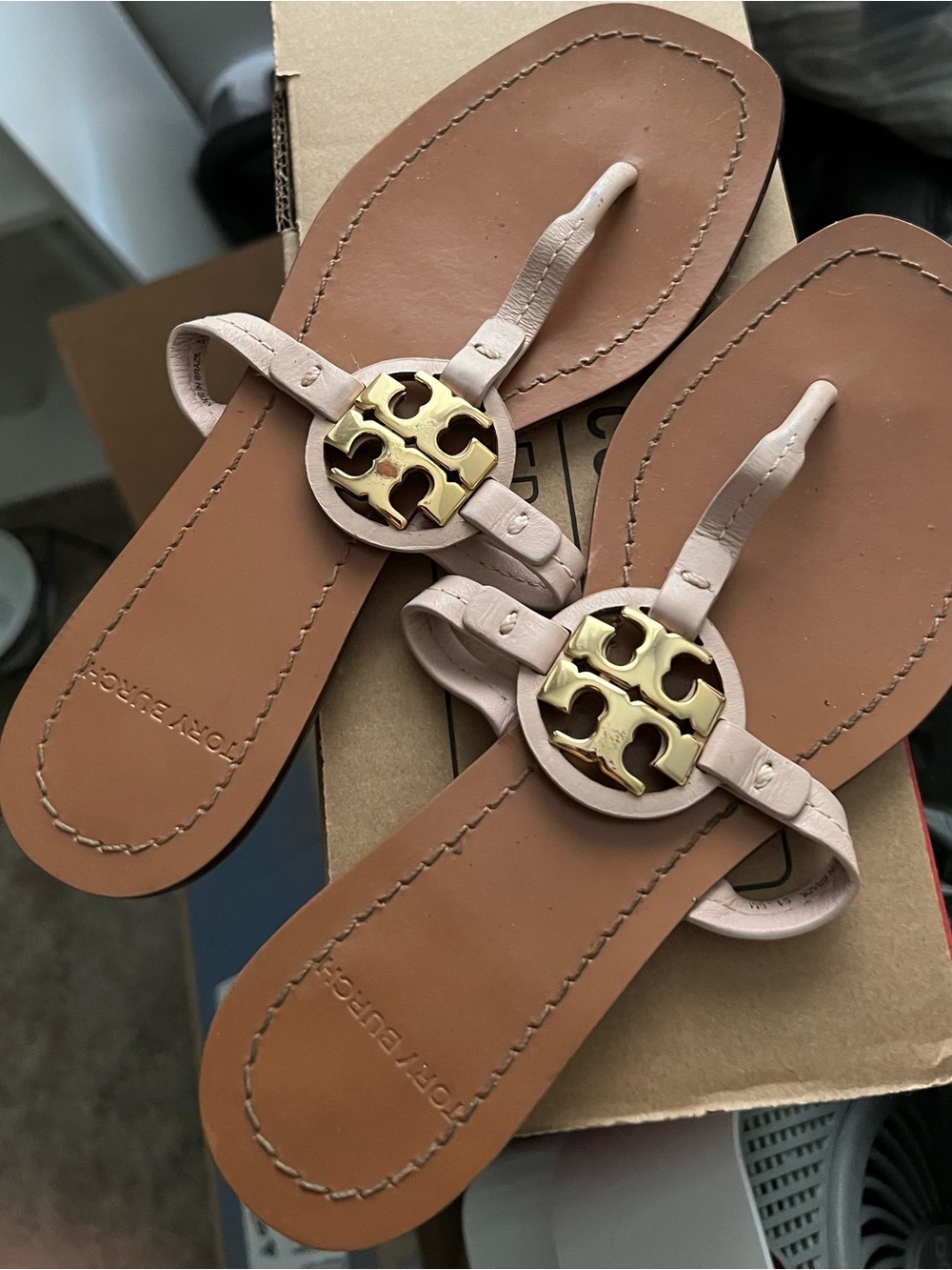 Tory Burch Pink Leather Miller Logo Thong Sandals